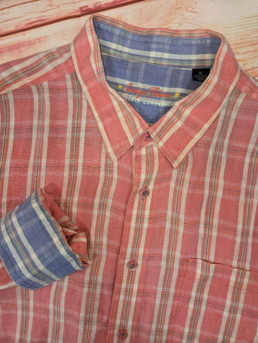 Indigo Palms Mens Plaid 100% Linen Long Sleeve Shirt XL Coral